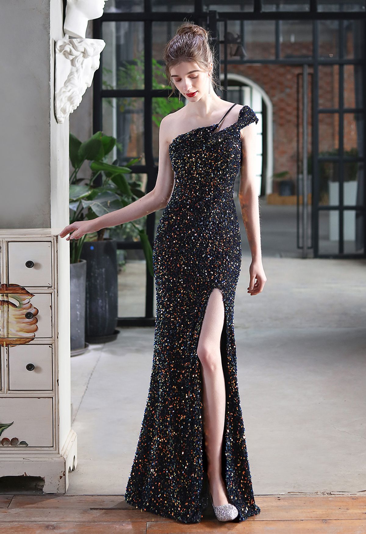 Evening Elegance Sequin One Shoulder Slit Gown in Black