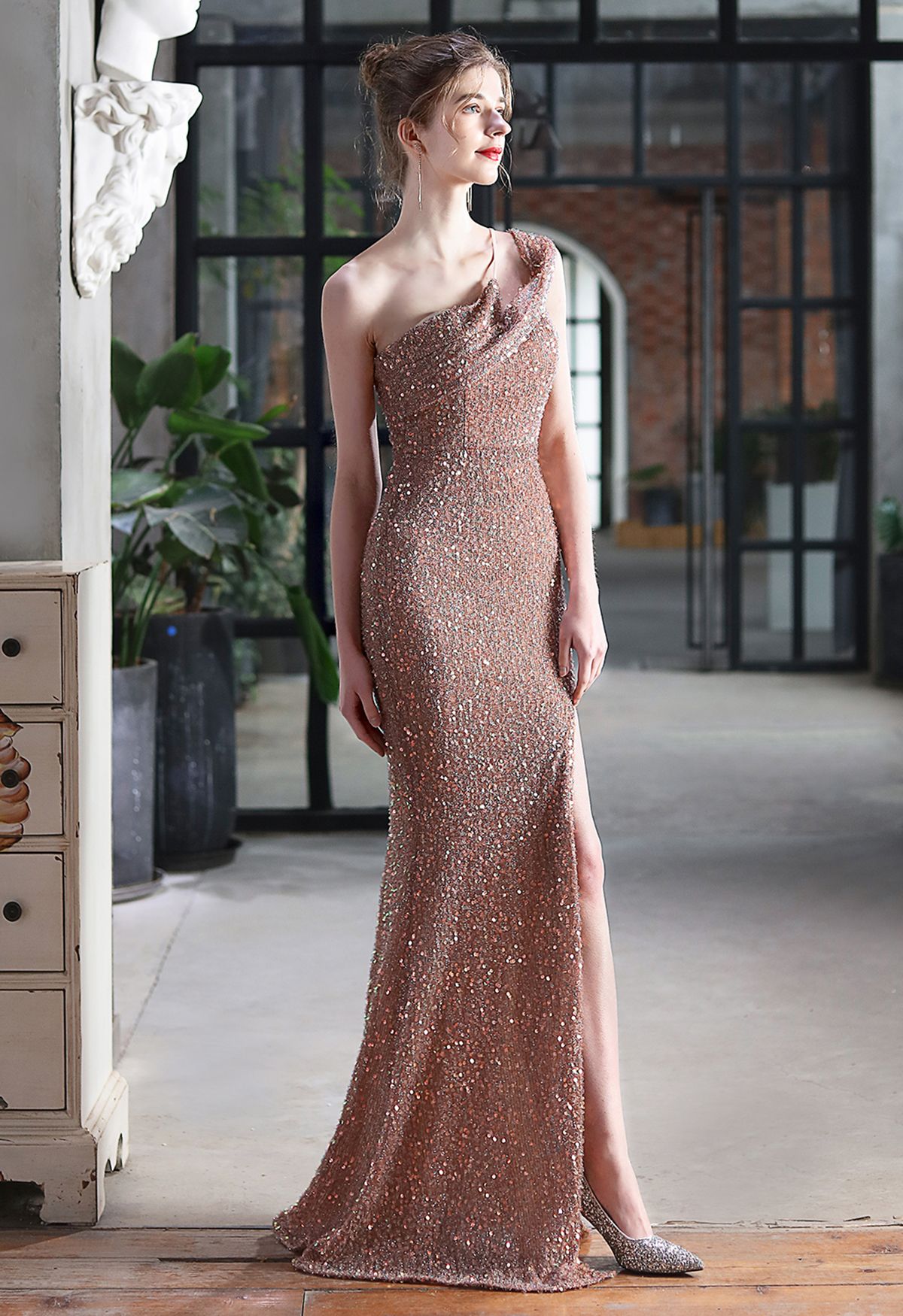 Evening Elegance Sequin One Shoulder Slit Gown in Gold
