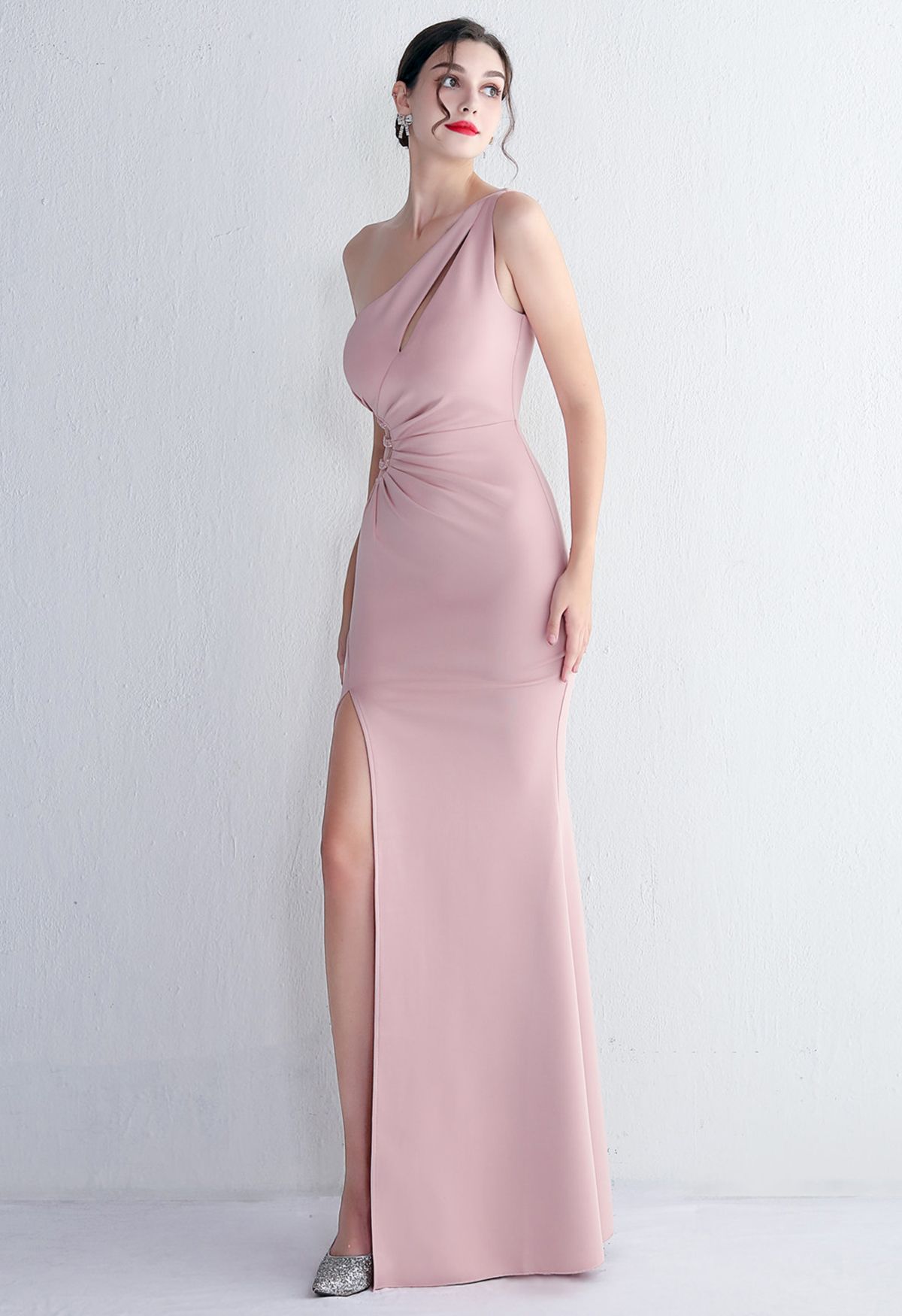 One Shoulder Cutout Slit Gown in Dusty Pink