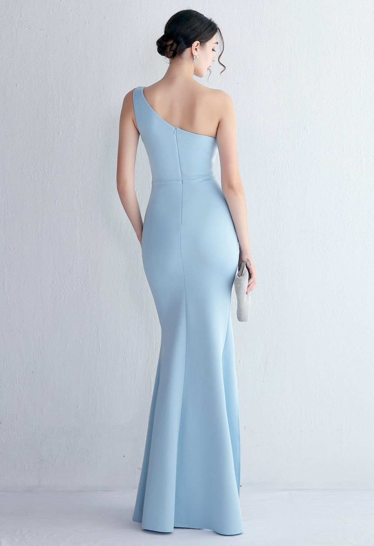 One Shoulder Cutout Slit Gown in Blue