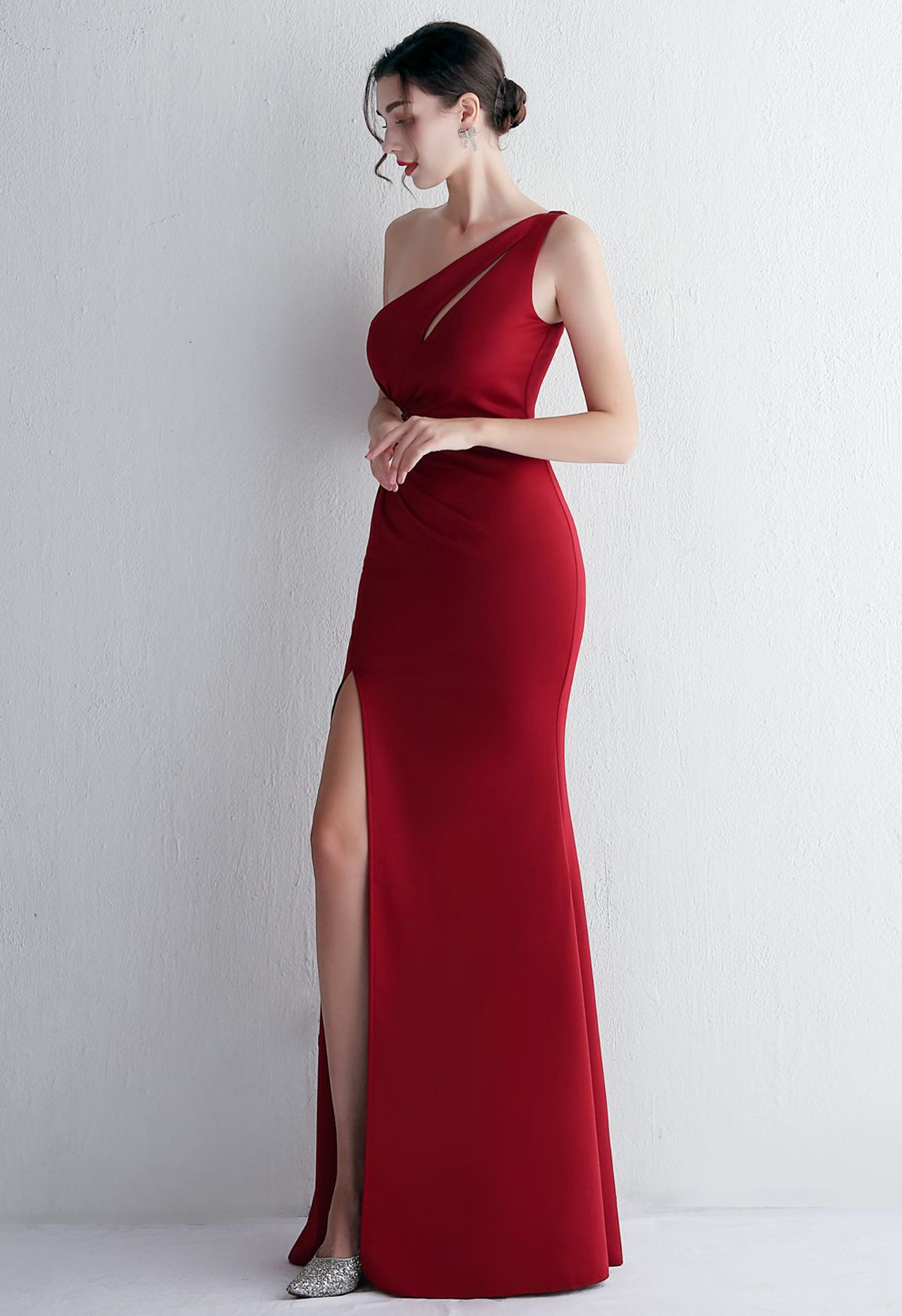 One Shoulder Cutout Slit Gown in Burgundy