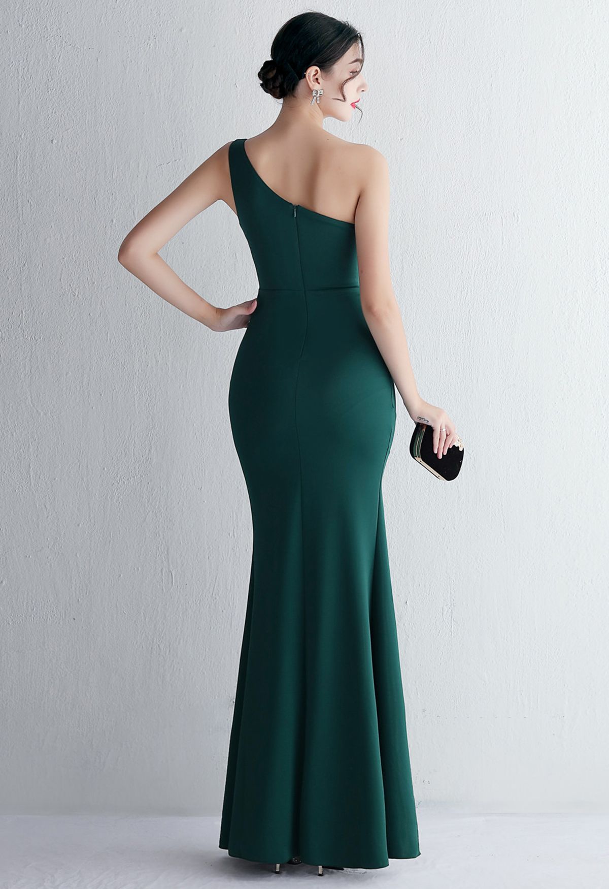 One Shoulder Cutout Slit Gown in Dark Green