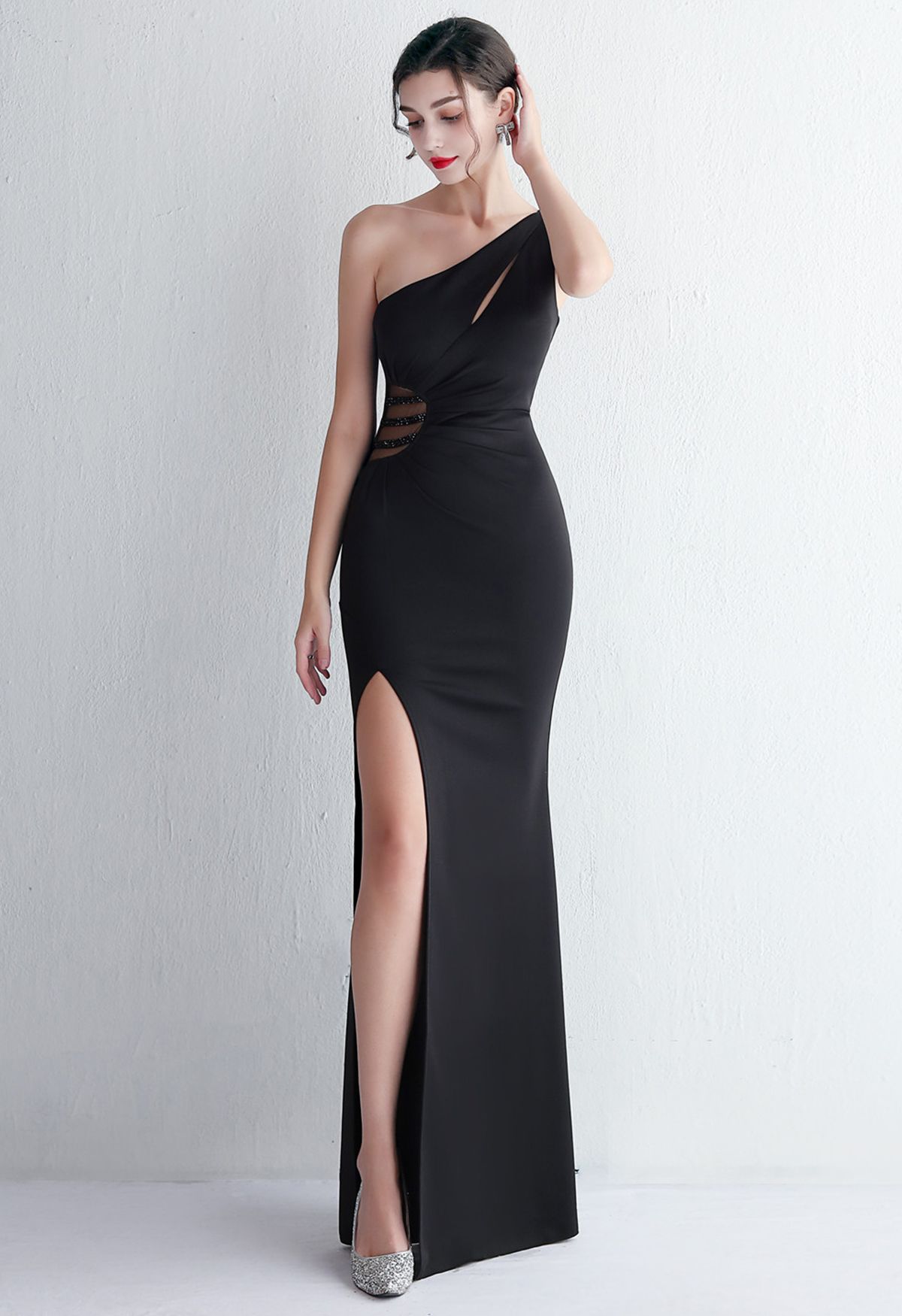 One Shoulder Cutout Slit Gown in Black