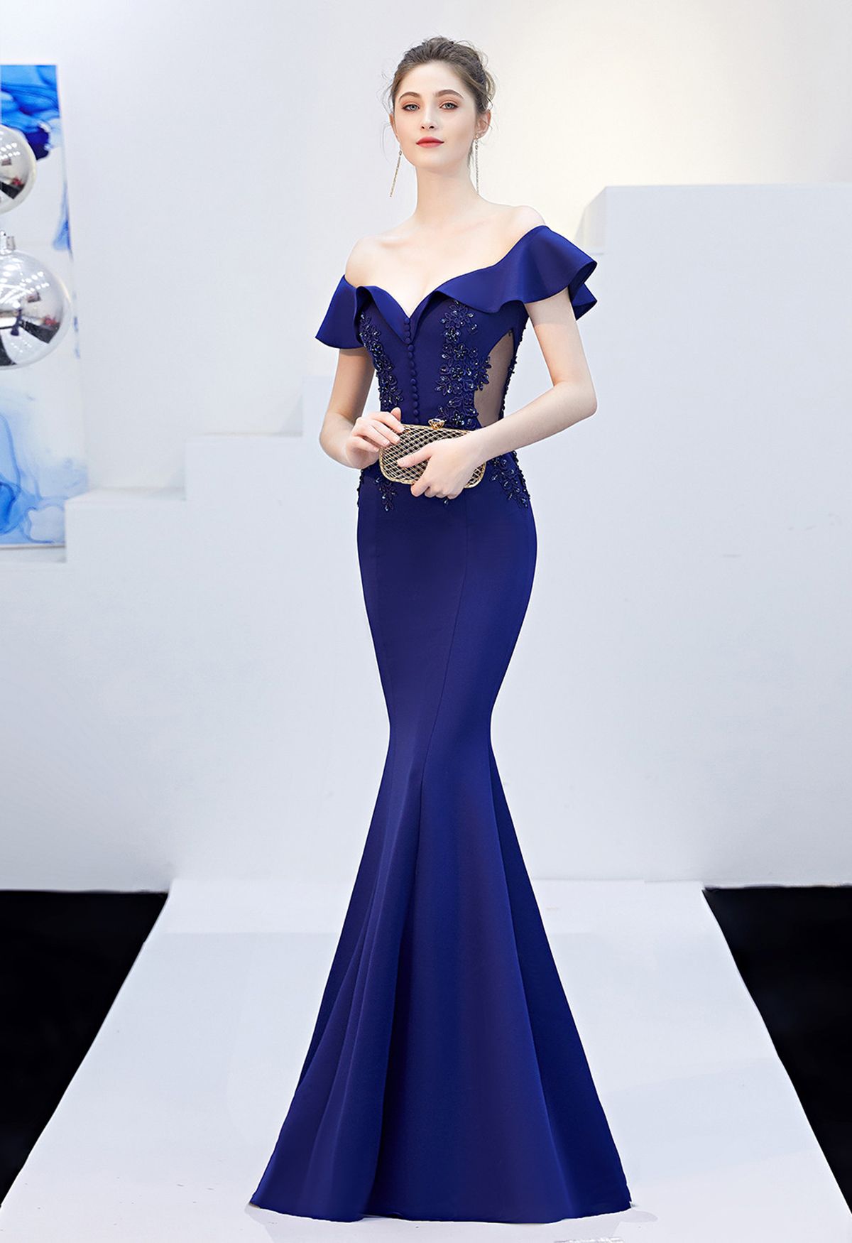 Ruffled Off-Shoulder Embroidery Mermaid Gown in Navy