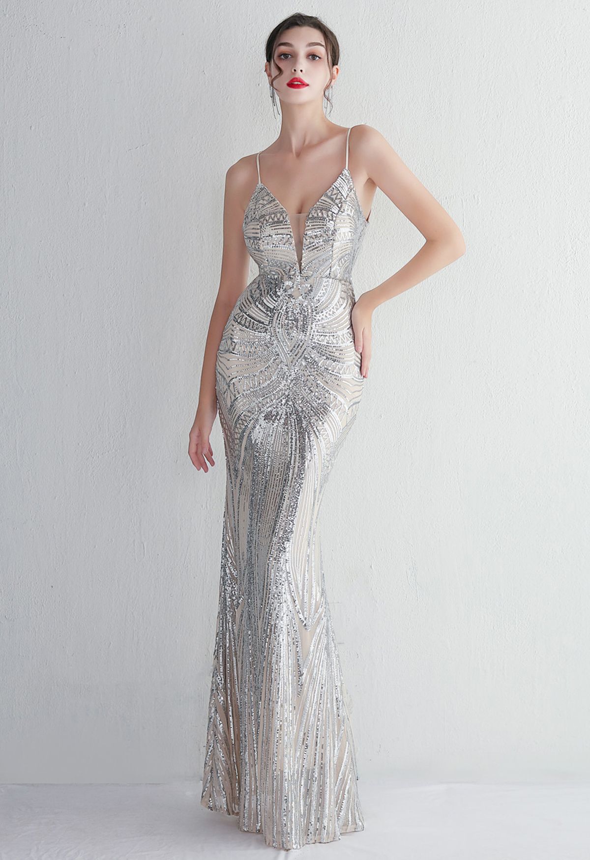 Glimmer Sequin Mermaid Cami Gown in Silver