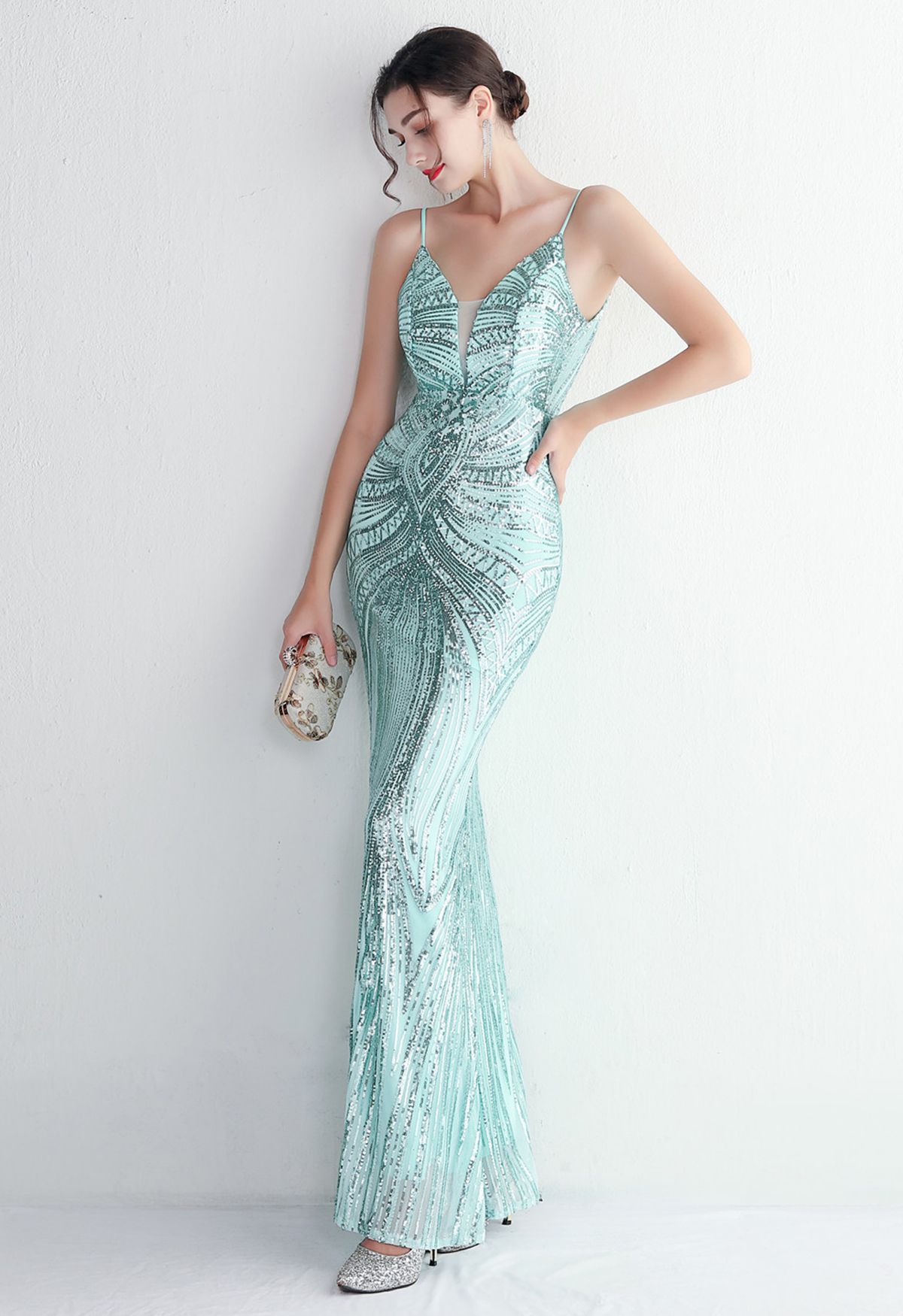Glimmer Sequin Mermaid Cami Gown in Mint