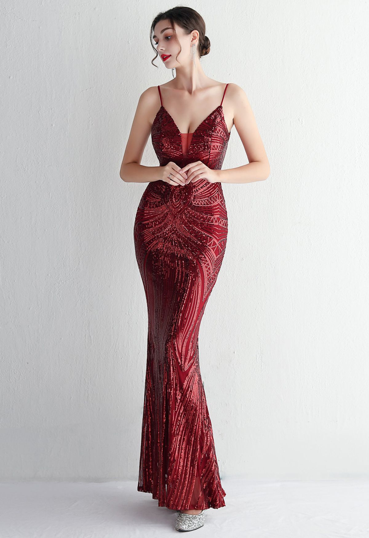 Glimmer Sequin Mermaid Cami Gown in Burgundy
