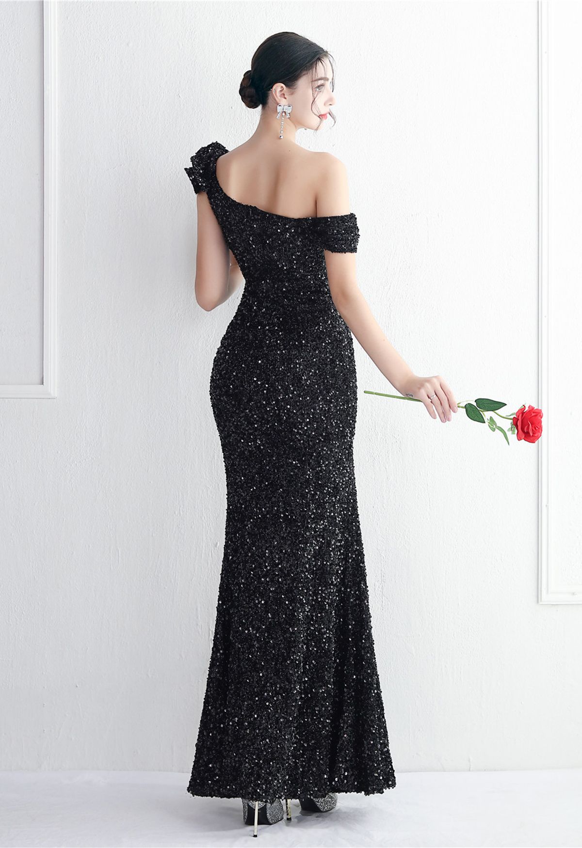 Tiered Ruffle One Shoulder Sequin Slit Gown in Black