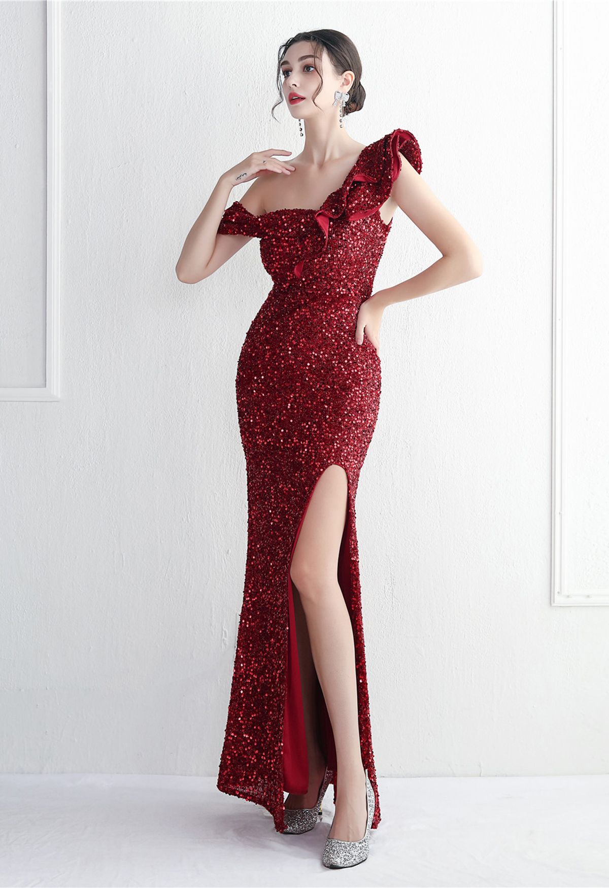 Tiered Ruffle One Shoulder Sequin Slit Gown in Burgundy