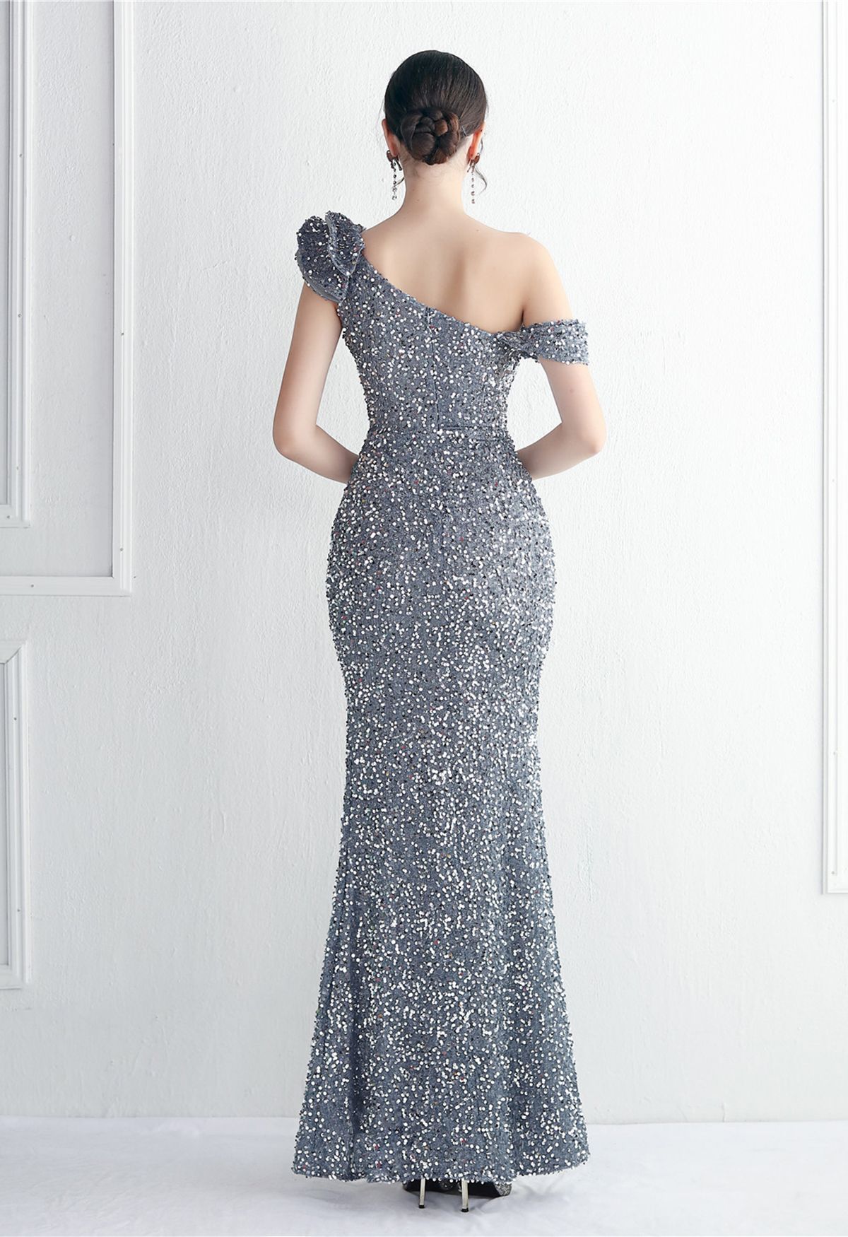 Tiered Ruffle One Shoulder Sequin Slit Gown in Grey