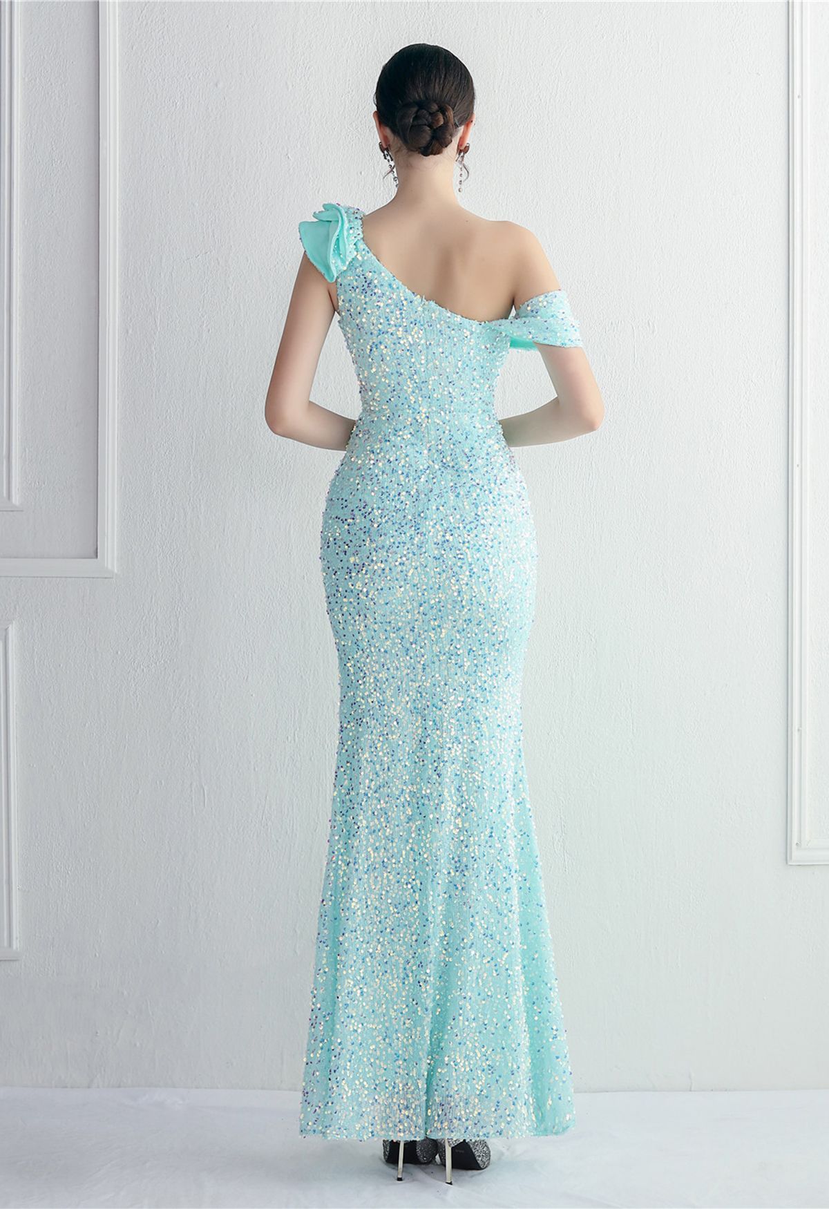 Tiered Ruffle One Shoulder Sequin Slit Gown in Mint