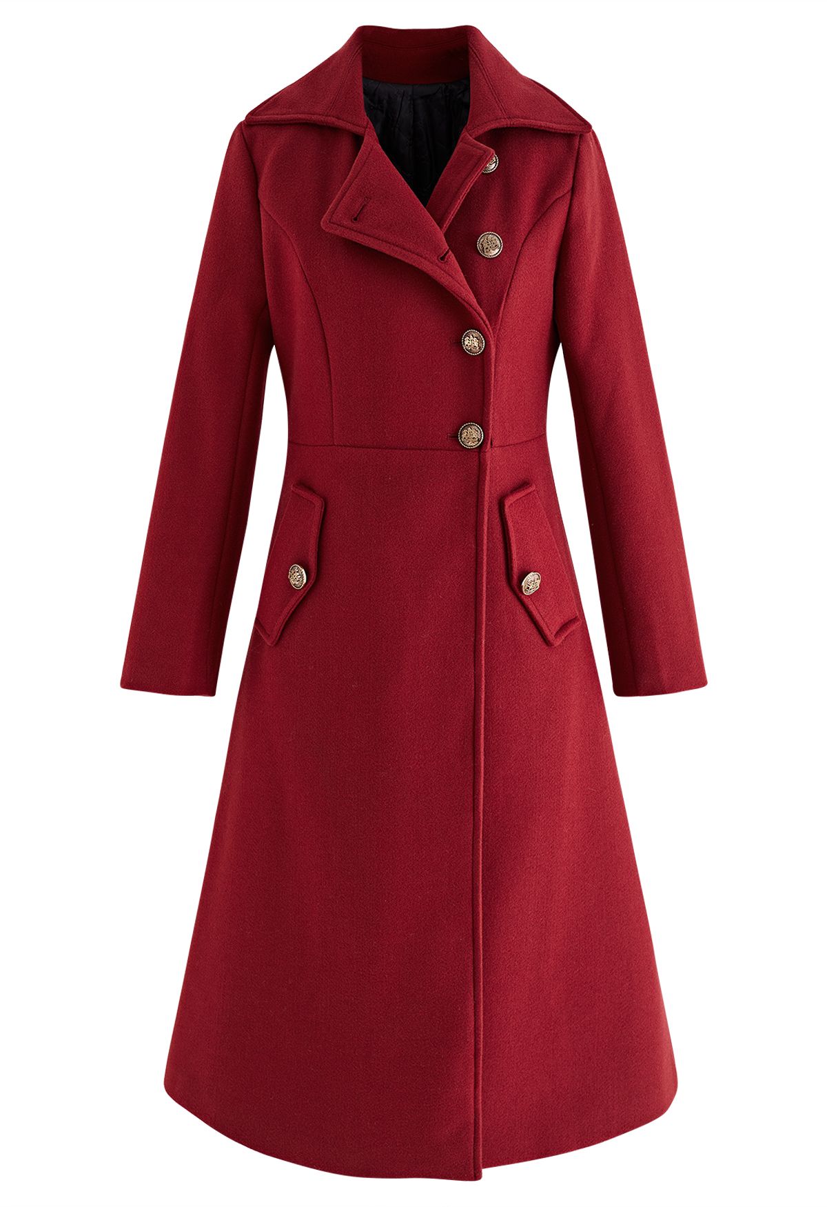 Modish Golden Button Wool-Blend Longline Coat in Red - Retro, Indie and ...
