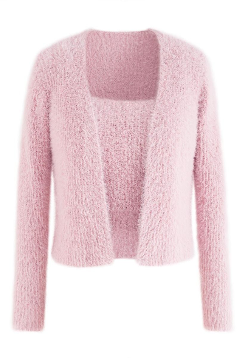 Extra Soft Fuzzy Knit Cami Top and Cardigan Set in Pink - Retro, Indie and  Unique Fashion