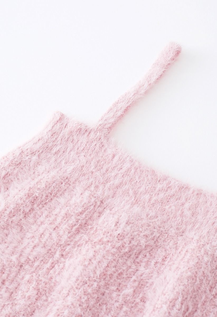 Extra Soft Fuzzy Knit Cami Top and Cardigan Set in Pink