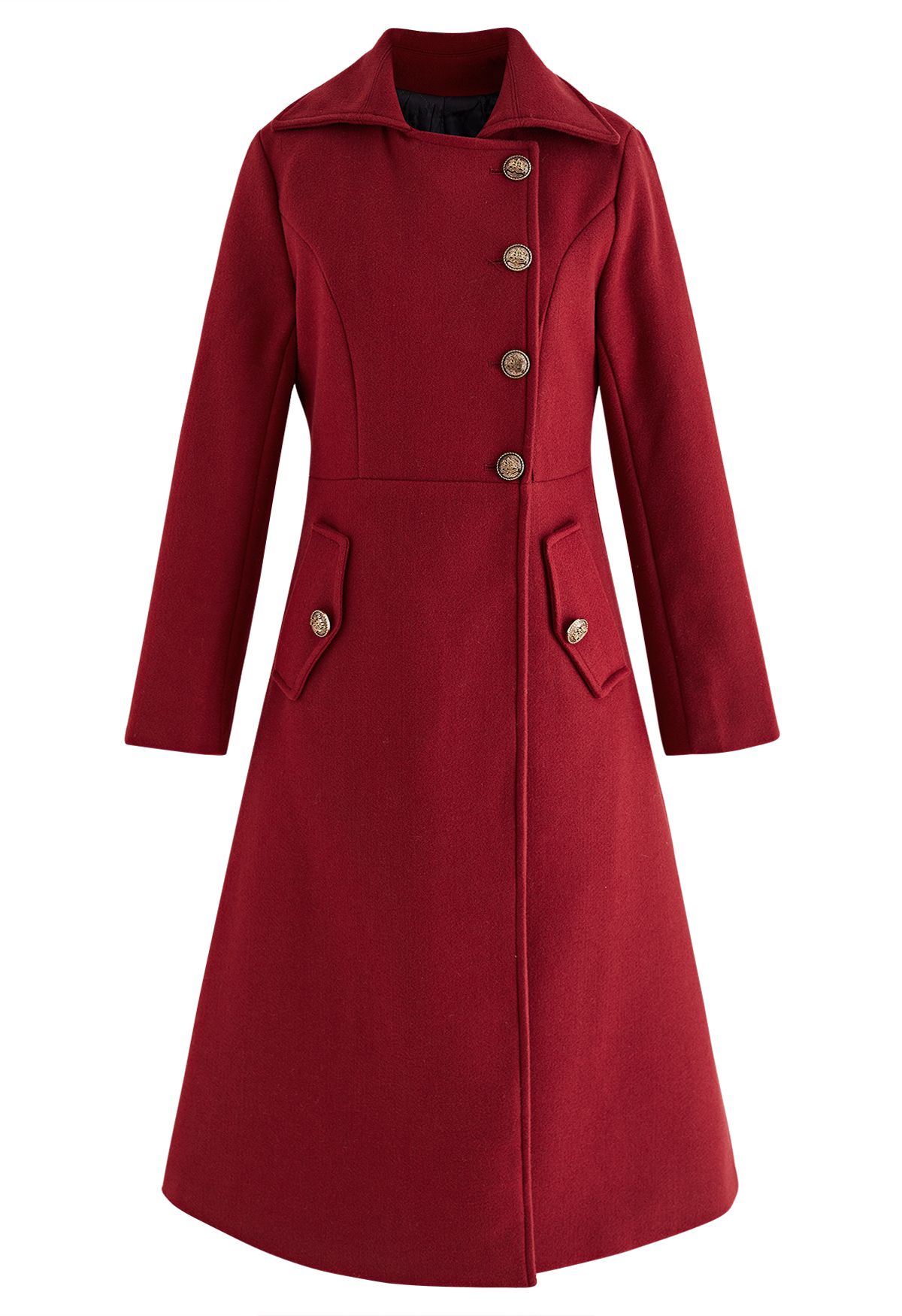 Modish Golden Button Wool-Blend Longline Coat in Red - Retro, Indie and ...