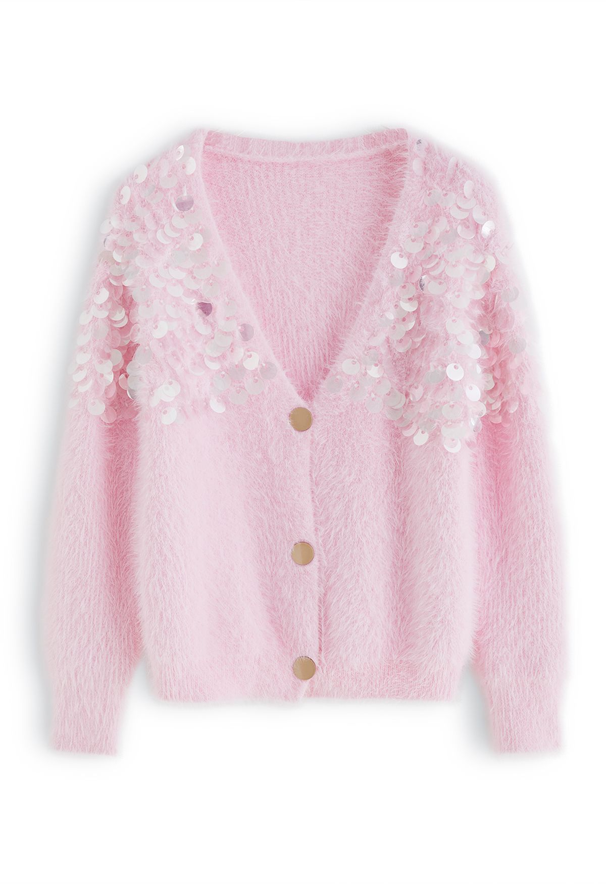 Indie Buttoned Fashion Cardigan in Fluffy Retro, - Sequins Pink Crop and Unique V-Neck