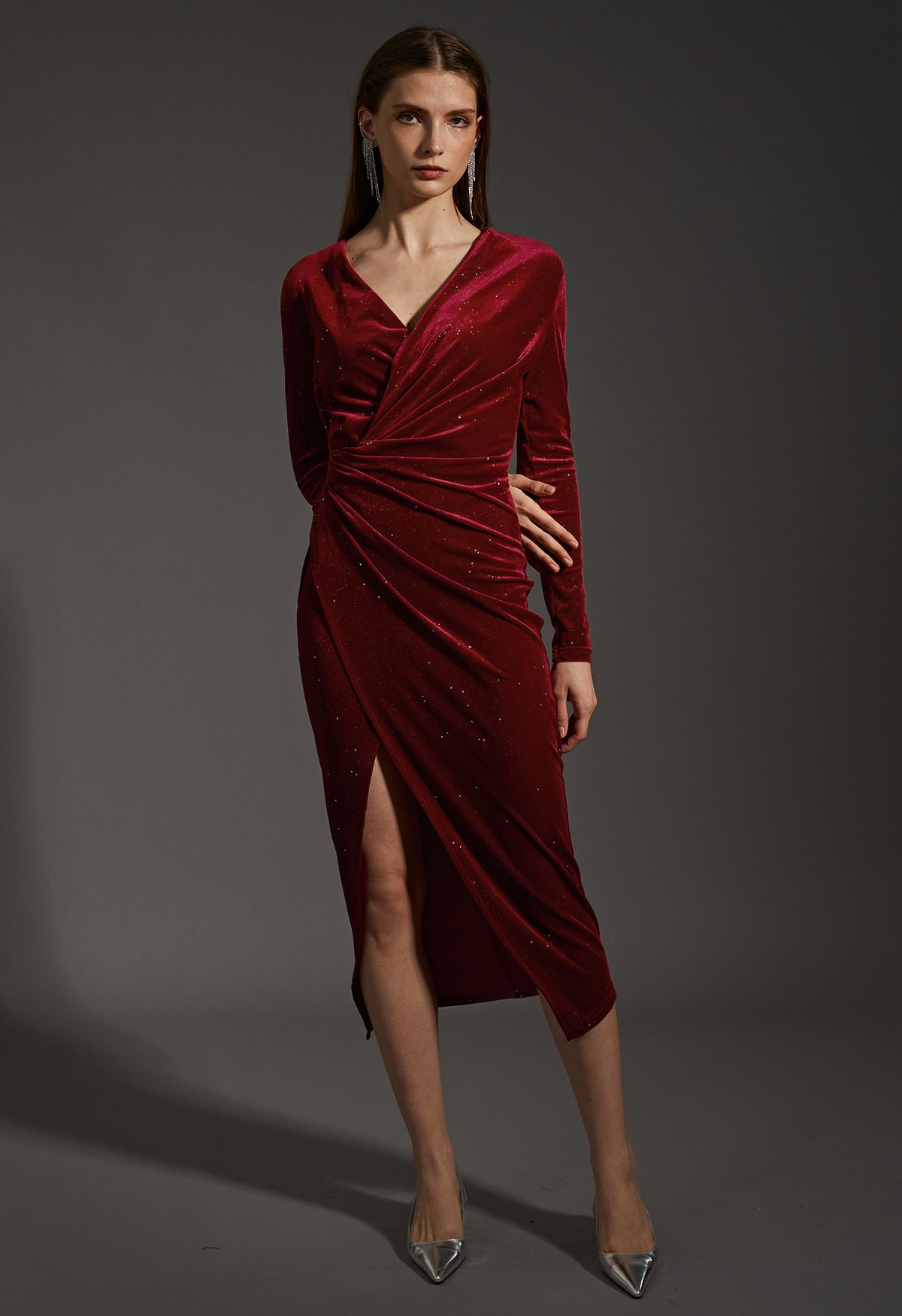 Glittery Velvet Wrap Midi Dress in Burgundy - Retro, Indie and Unique ...