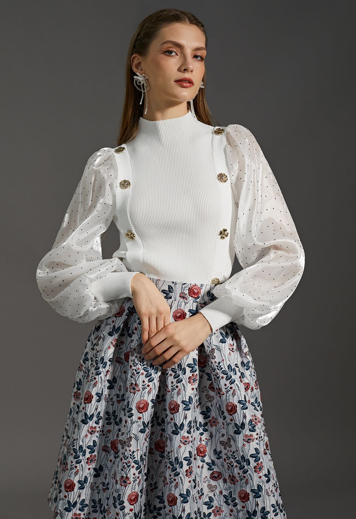 Spliced Dotted Sleeves Buttoned Knit Top in White - Retro, Indie and ...