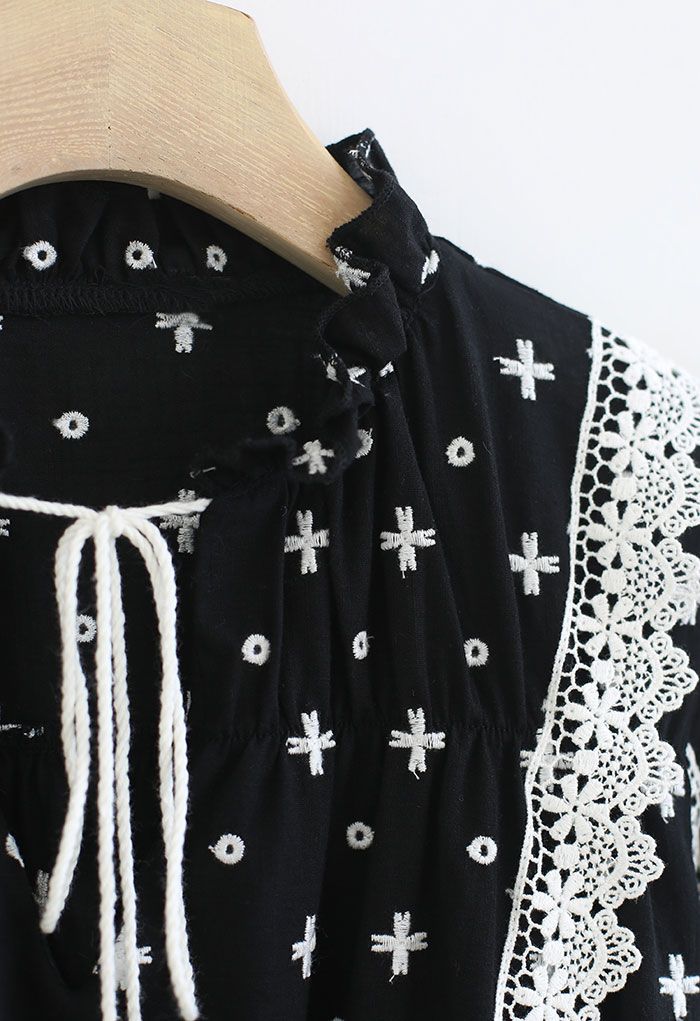 Tasseled V-Neck Embroidered Cotton Top in Black