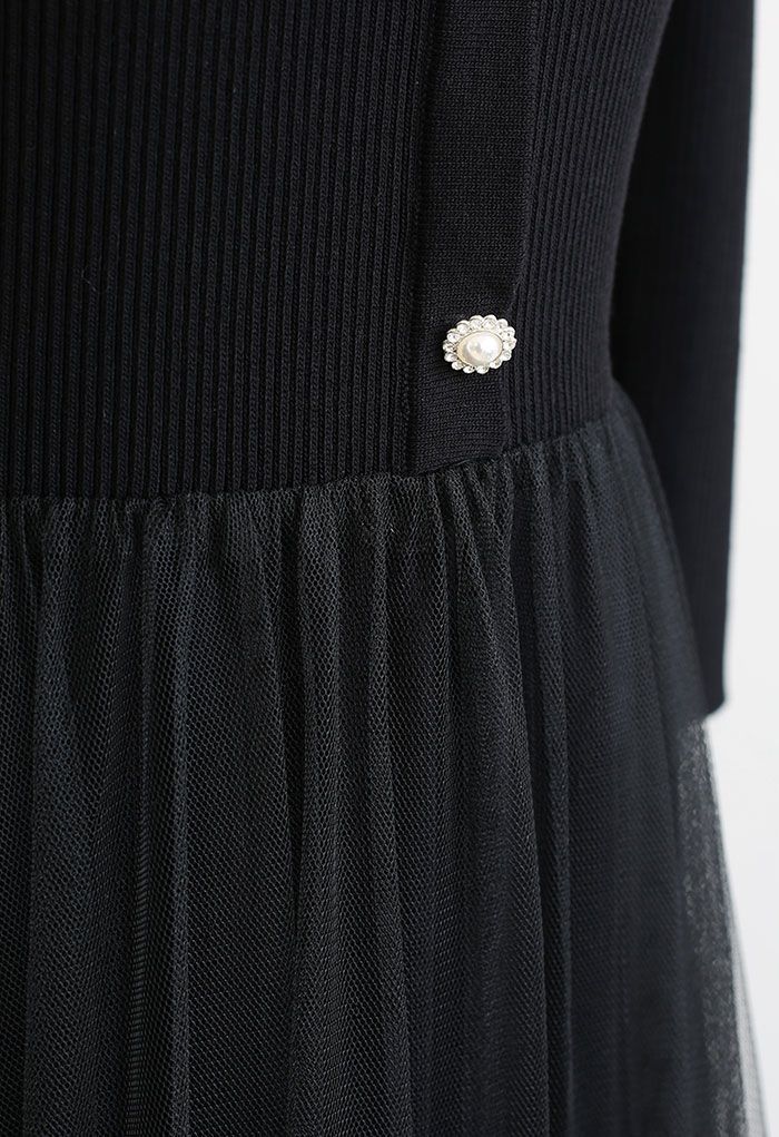 Brooch Bowknot Mesh Spliced Knit Midi Dress in Black