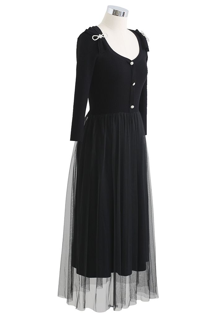 Brooch Bowknot Mesh Spliced Knit Midi Dress in Black