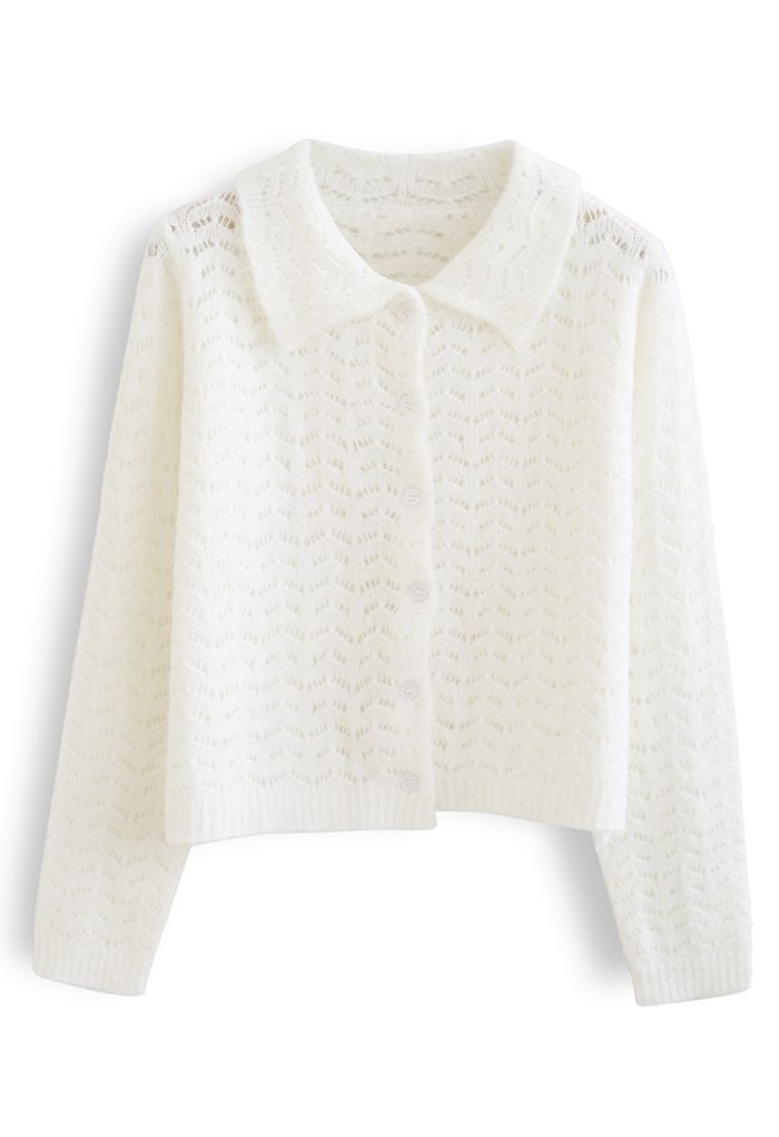 Hollow Out Collared Cropped Knit Cardigan in White - Retro, Indie and ...