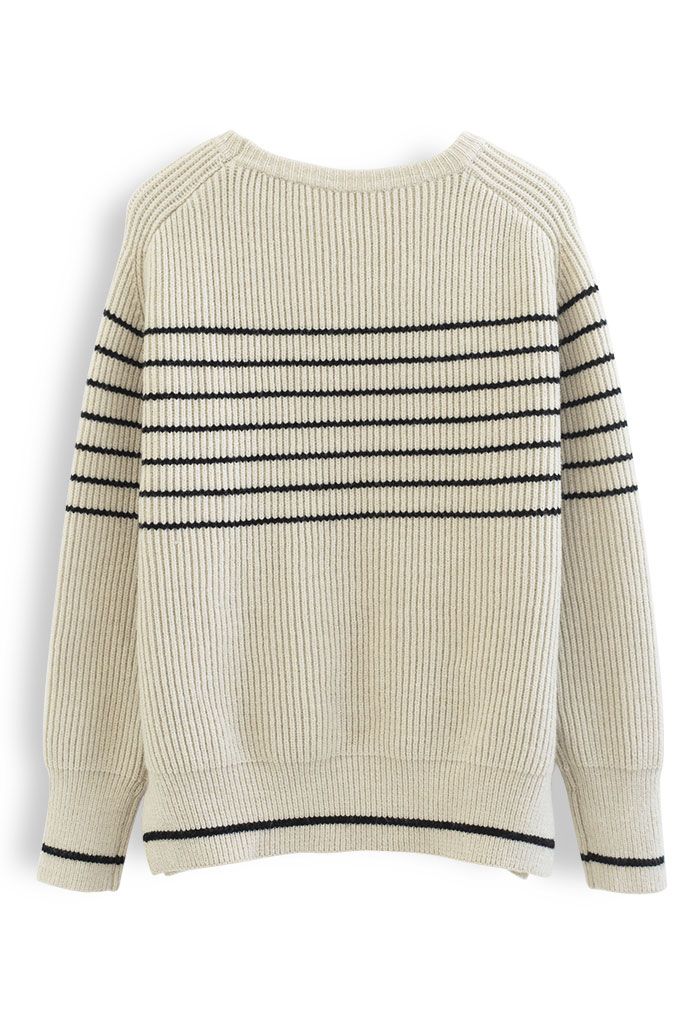Simple Horizontal Stripe Rib Knit Sweater in Sand
