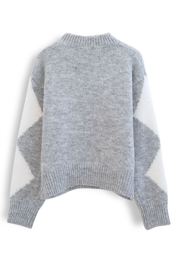 Diamond Color-Block Fuzzy Knit Sweater in Grey