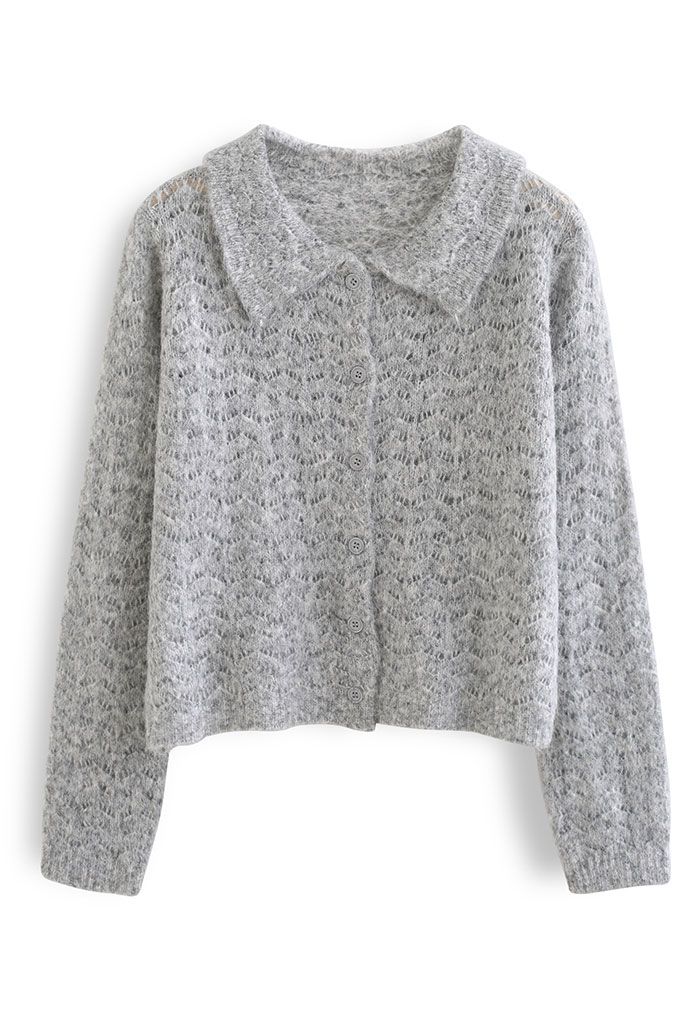 Hollow Out Collared Cropped Knit Cardigan in Grey