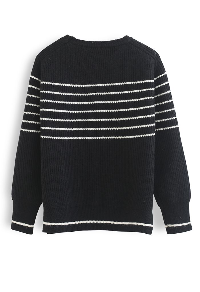 Simple Horizontal Stripe Rib Knit Sweater in Black