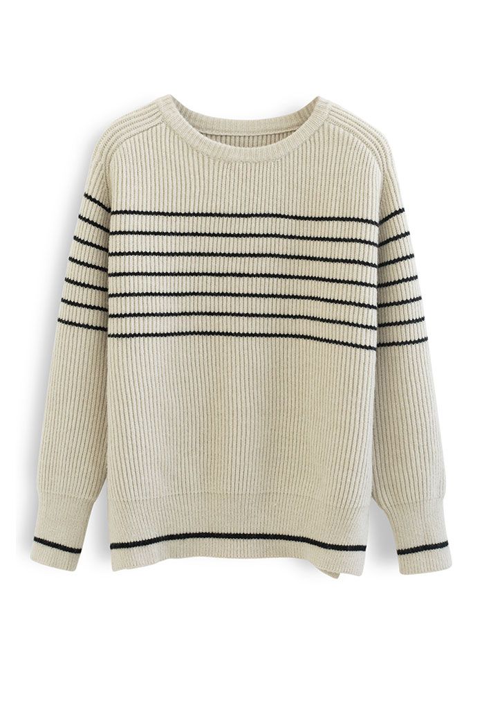 Simple Horizontal Stripe Rib Knit Sweater in Sand