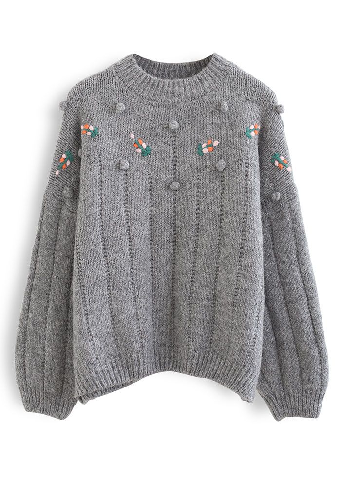 Colorful Posy Pom-Pom Fuzzy Sweater in Grey