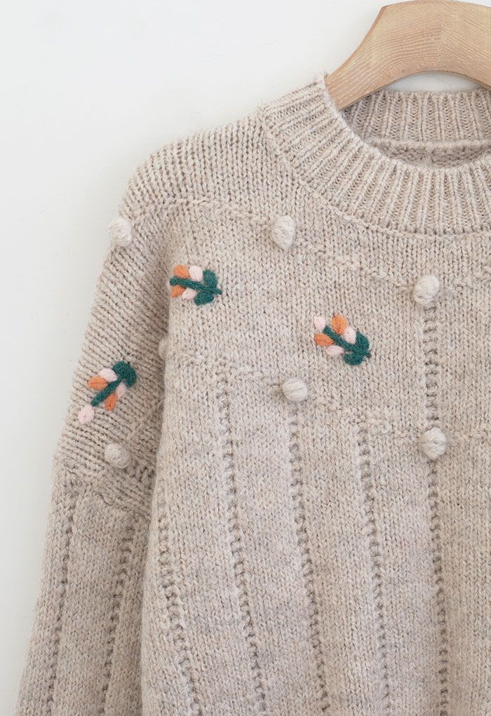 Colorful Posy Pom-Pom Fuzzy Sweater in Linen