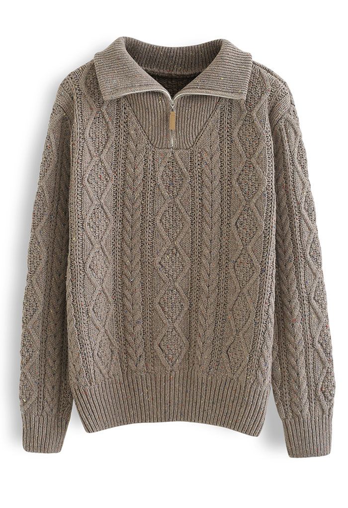 Zipper High Neck Mix-Color Knit Sweater in Brown