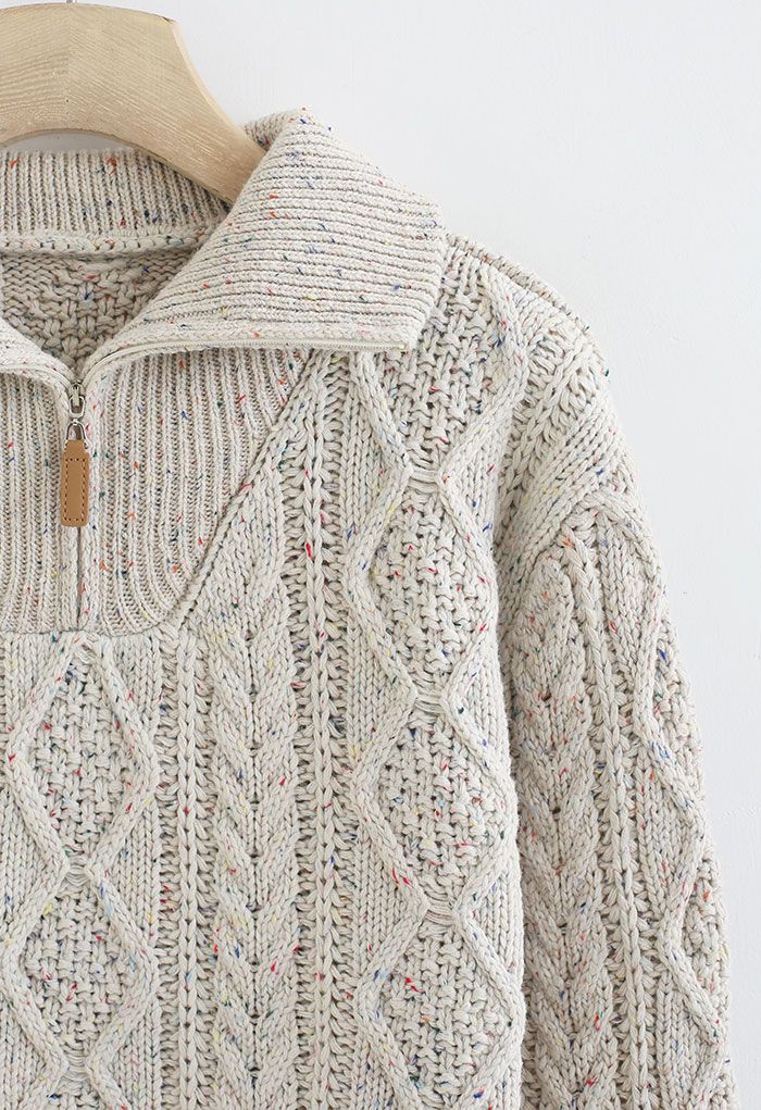 Zipper High Neck Mix-Color Knit Sweater in Linen