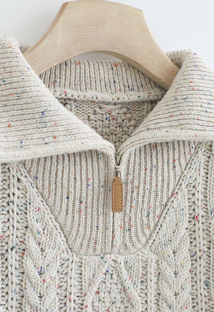 Zipper High Neck Mix-Color Knit Sweater in Linen