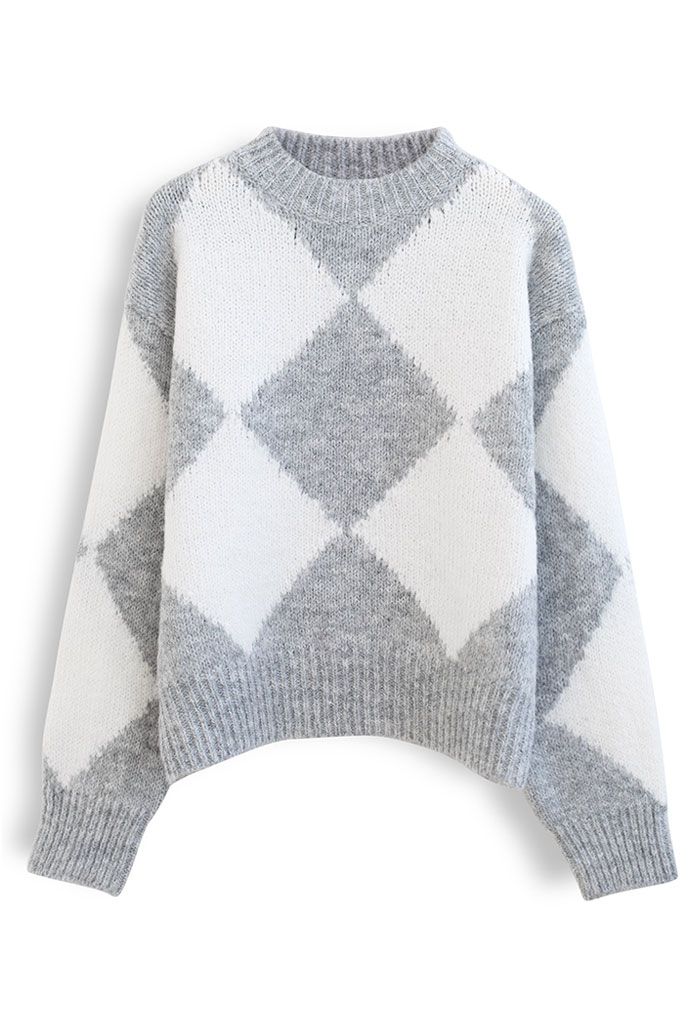Diamond Color-Block Fuzzy Knit Sweater in Grey