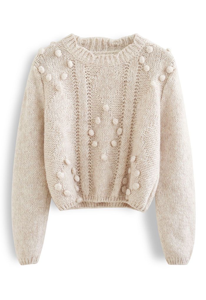 Pom-Pom Diamond Fuzzy Cropped Sweater in Linen