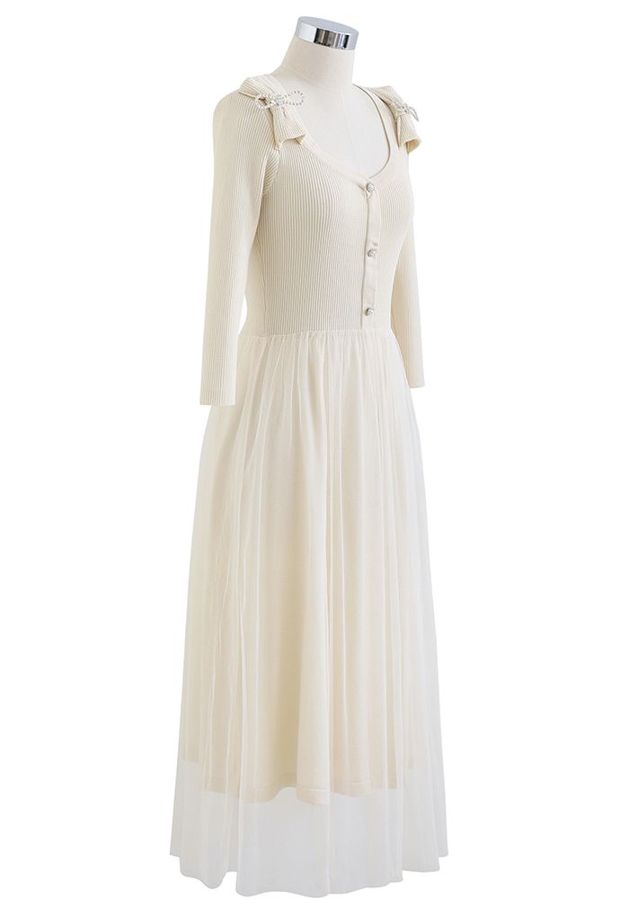 Brooch Bowknot Mesh Spliced Knit Midi Dress in Cream