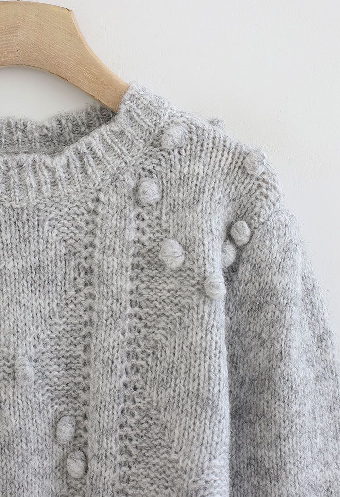Pom-Pom Diamond Fuzzy Cropped Sweater in Grey