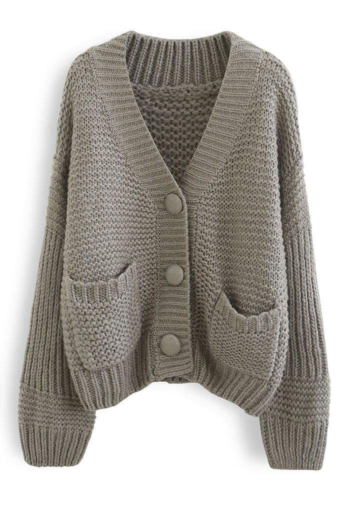 Exaggerated Button Chunky Knit Cardigan in Taupe