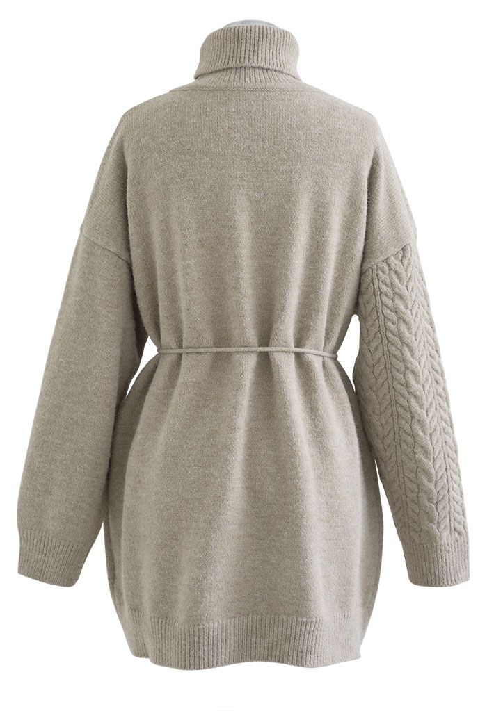 Turtleneck Flapped Braid Knit Longline Sweater in Taupe