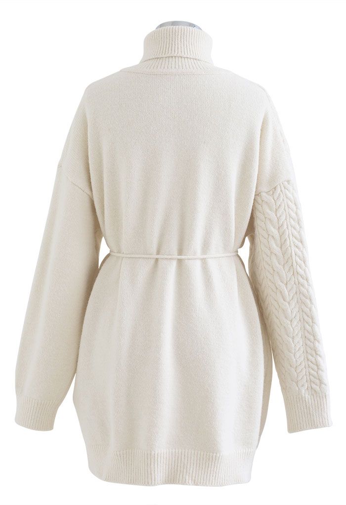 Turtleneck Flapped Braid Knit Longline Sweater in Ivory