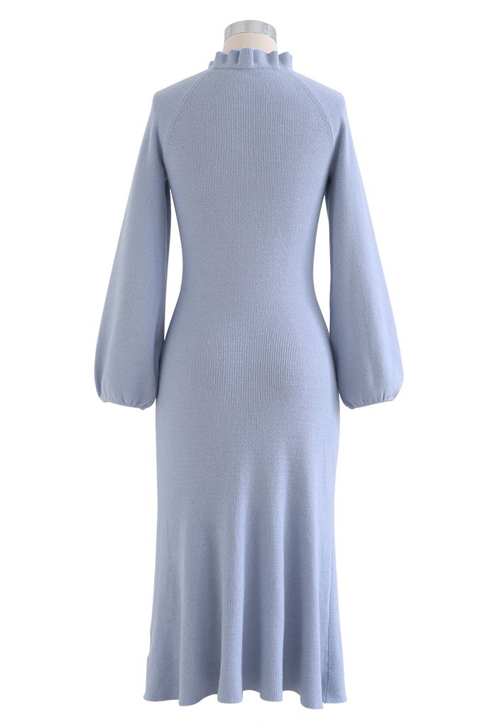 Ruffle V-Neck Puff Sleeve Midi Knit Dress in Dusty Blue
