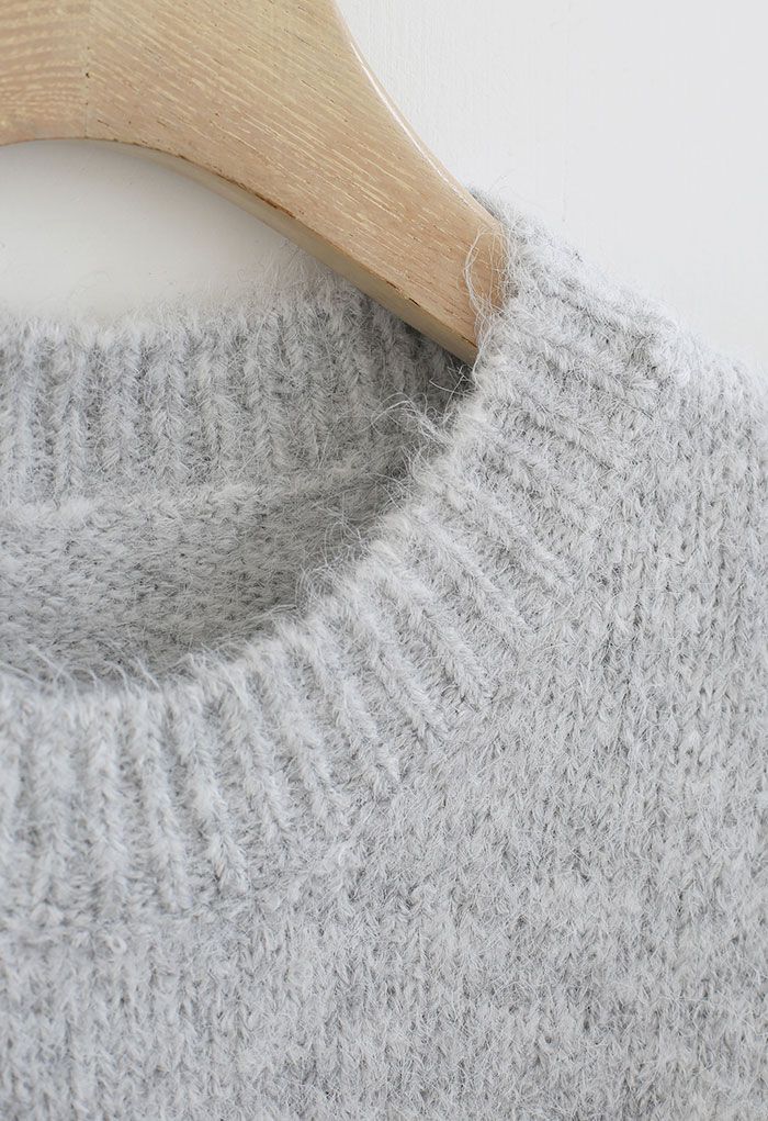 Solid Color Comfy Fuzzy Knit Sweater in Grey