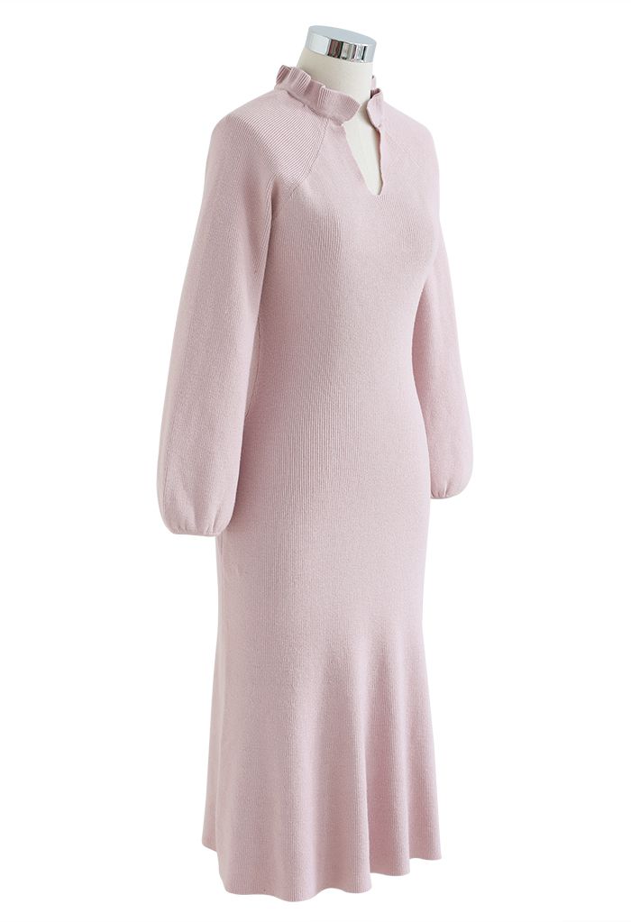 Ruffle V-Neck Puff Sleeve Midi Knit Dress in Pink