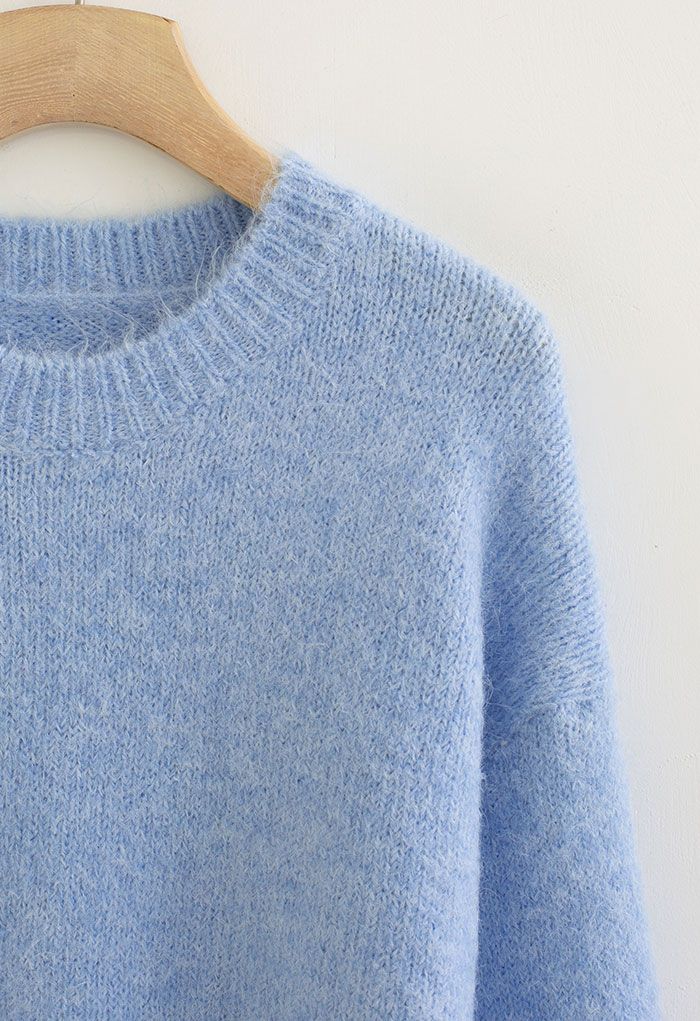 Solid Color Comfy Fuzzy Knit Sweater in Blue