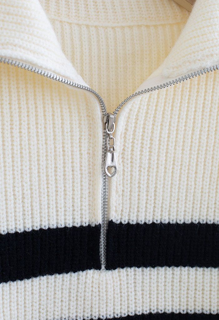 Zipper Neck Striped Knit Sweater in Black