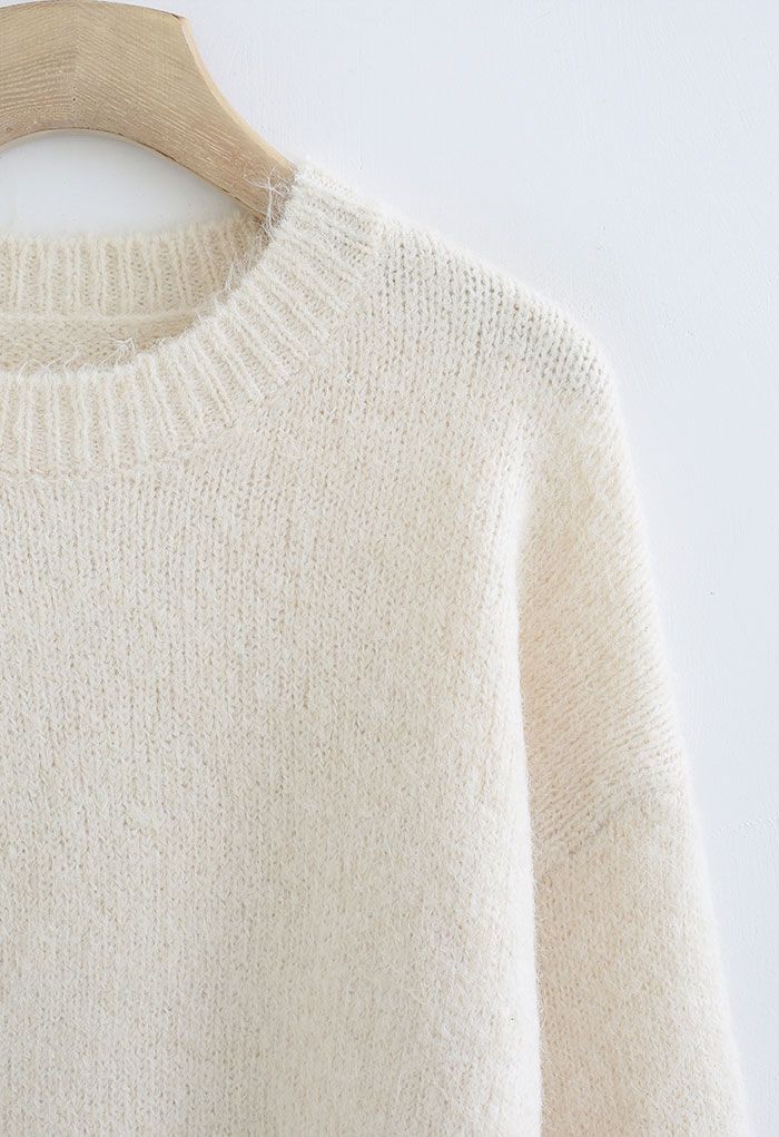 Solid Color Comfy Fuzzy Knit Sweater in Cream