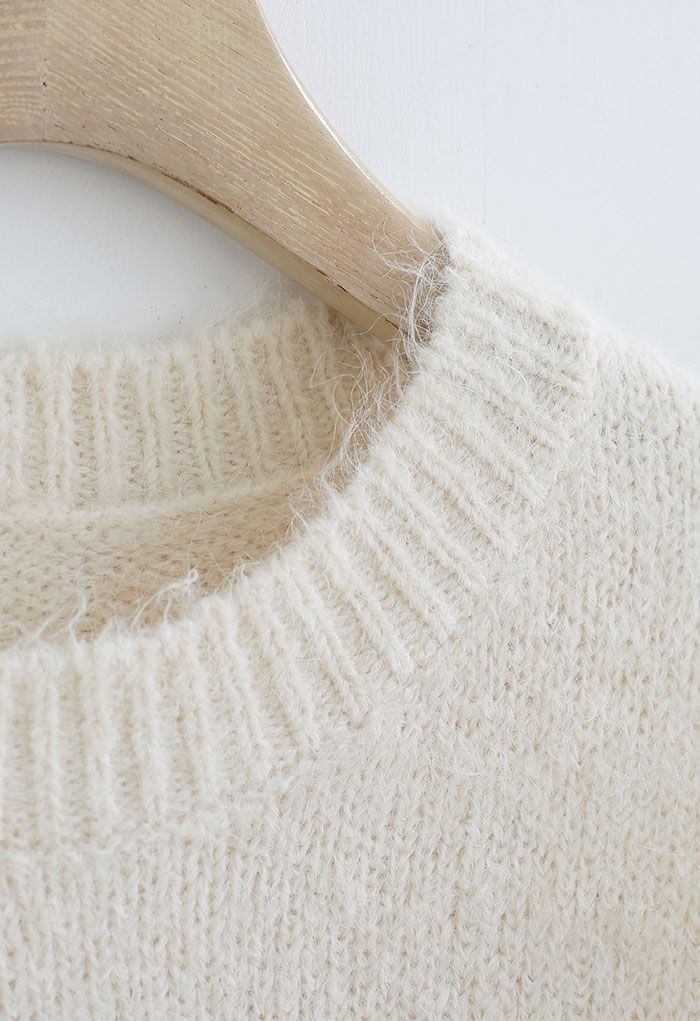 Solid Color Comfy Fuzzy Knit Sweater in Cream